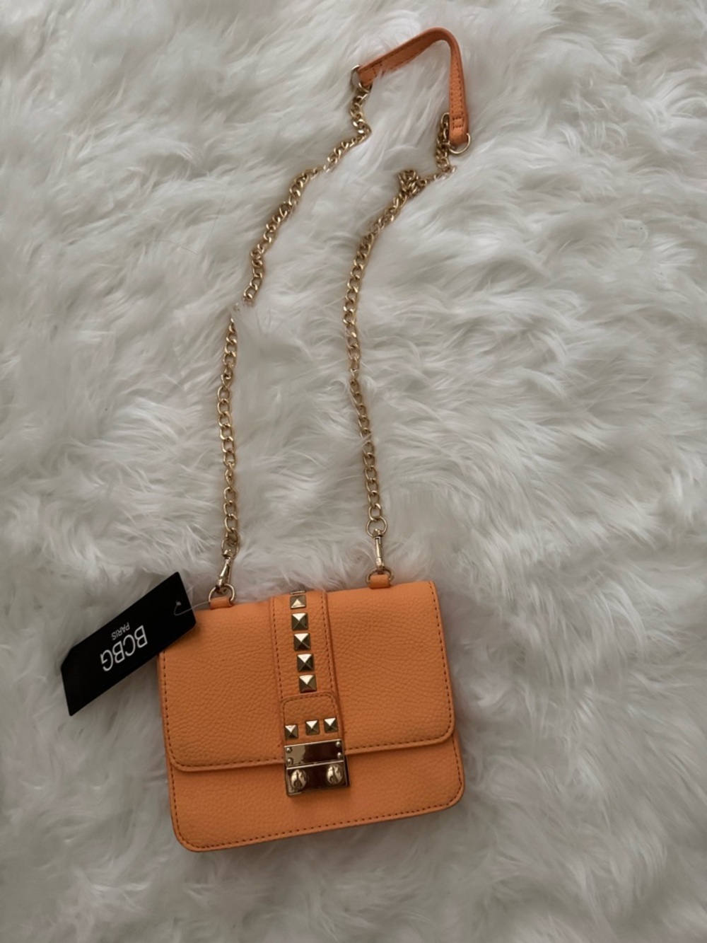 BCBG Orange Pebbled Leather Crossbody with Gold Chain & Studs